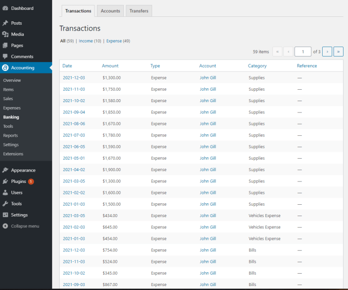 The transaction history at an electronic goods store